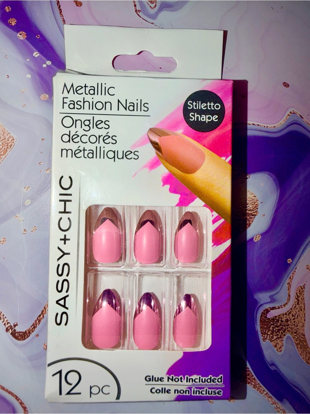 KISS Fashion Nails Bubblegum Pink Metallic Tips Stiletto Press -On Nails